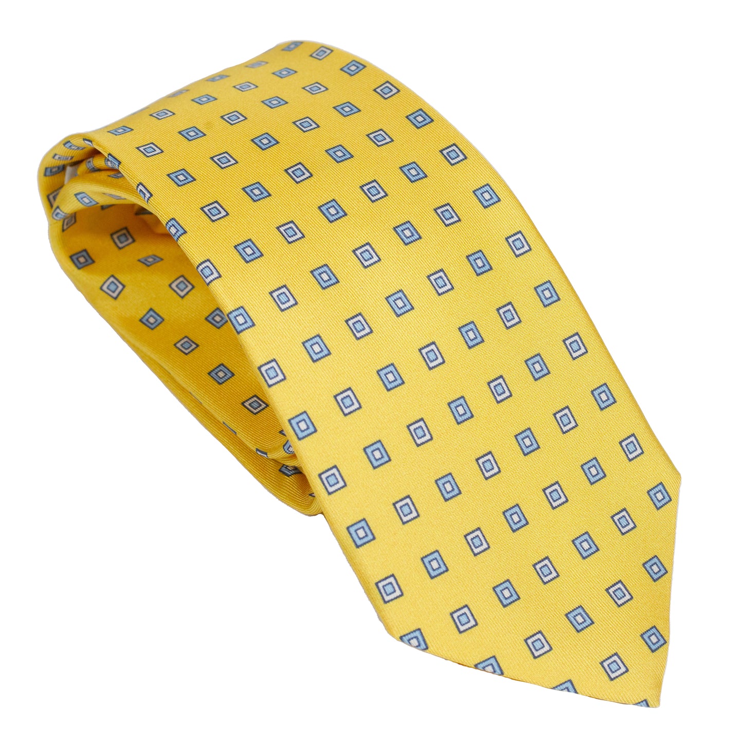 Cravatta in pura seta italiana al 100% di colore giallo brillante con un elegante motivo micro geometrico blu e bianco