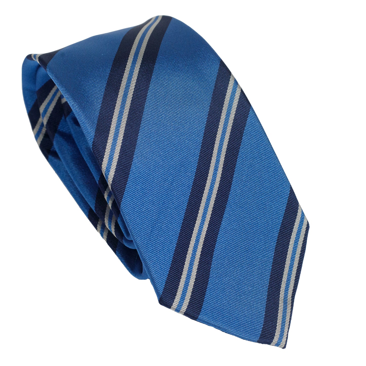 Cravatta in seta italiana al 100% blu brillante con righe azzurre e avorio