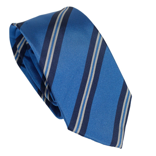Cravatta in seta italiana al 100% blu brillante con righe azzurre e avorio