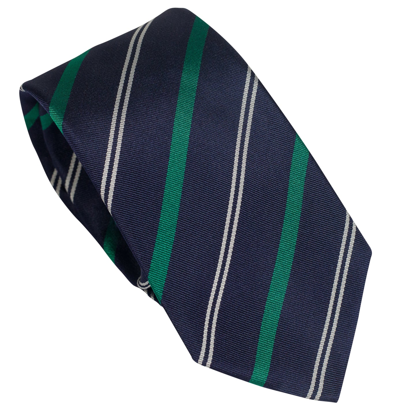 Cravatta blu navy in seta italiana al 100% con righe reggimentali verdi 