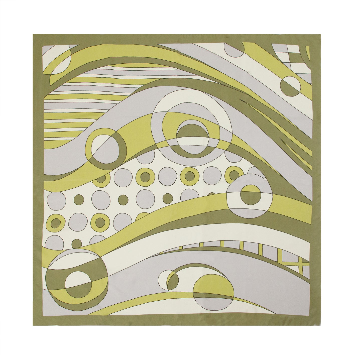 Olive Green 1960s Swirls Silk Scarf