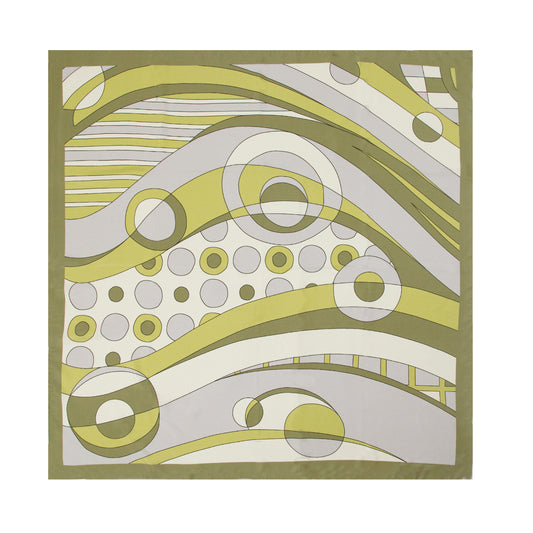 Olive Green 1960s Swirls Silk Scarf