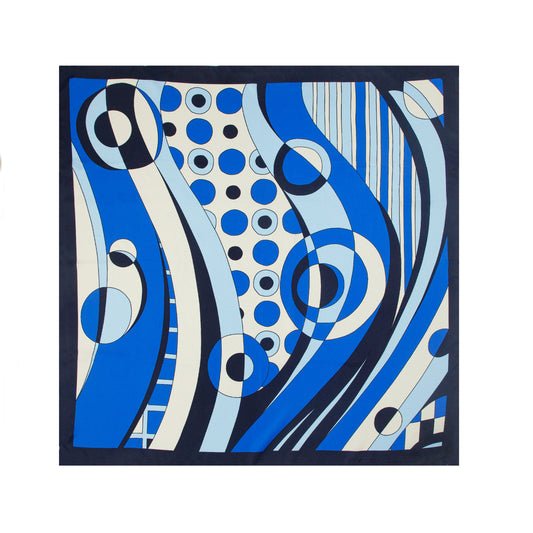 Navy Blue 1960s Swirls Silk Scarf