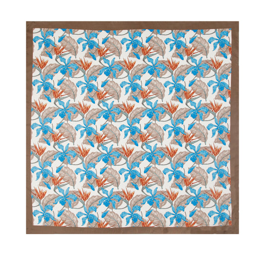Brown and Blue Embroidered Tropical Silk Scarf