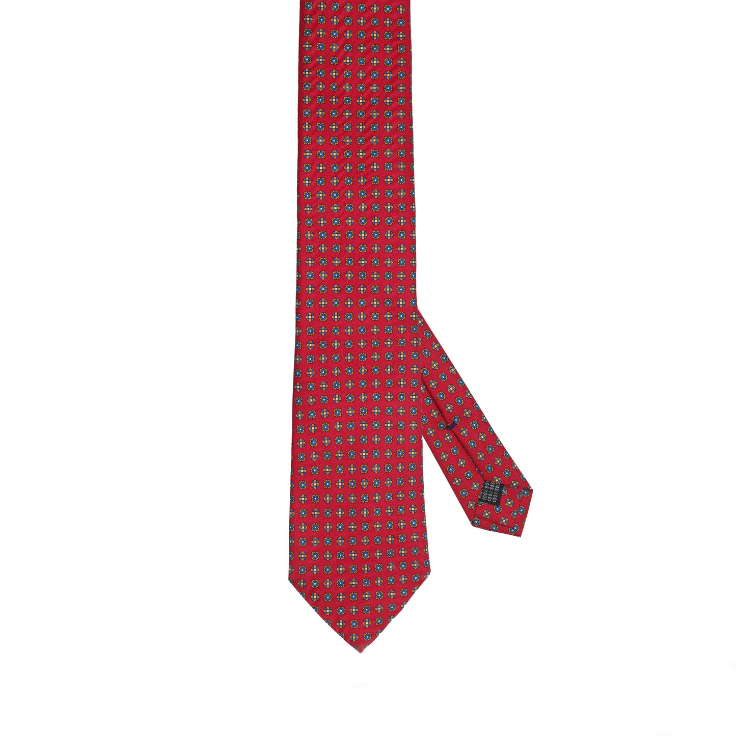 Cravatta in seta italiana al 100% rosso brillante con motivo floreale micro blu